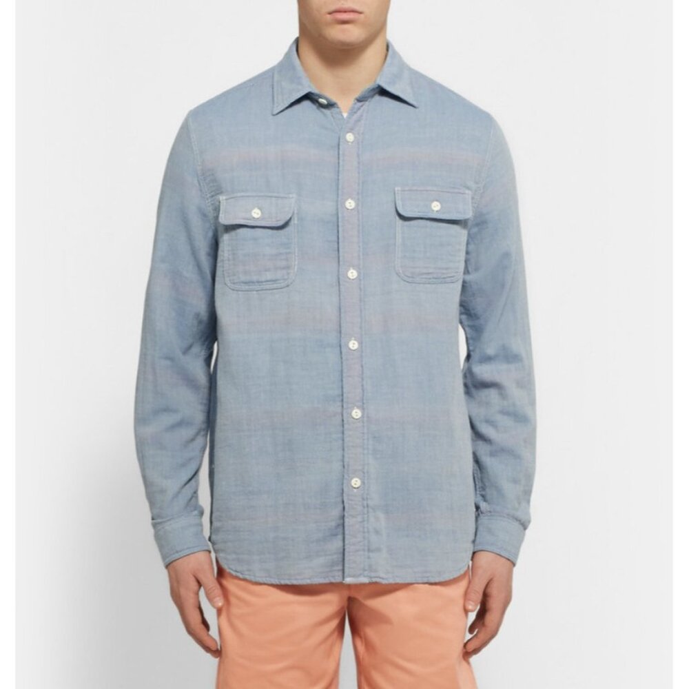 Faherty Mens Belmar Brushed Cotton‎ Overshirt Long Sleeve Button Up Blue Small